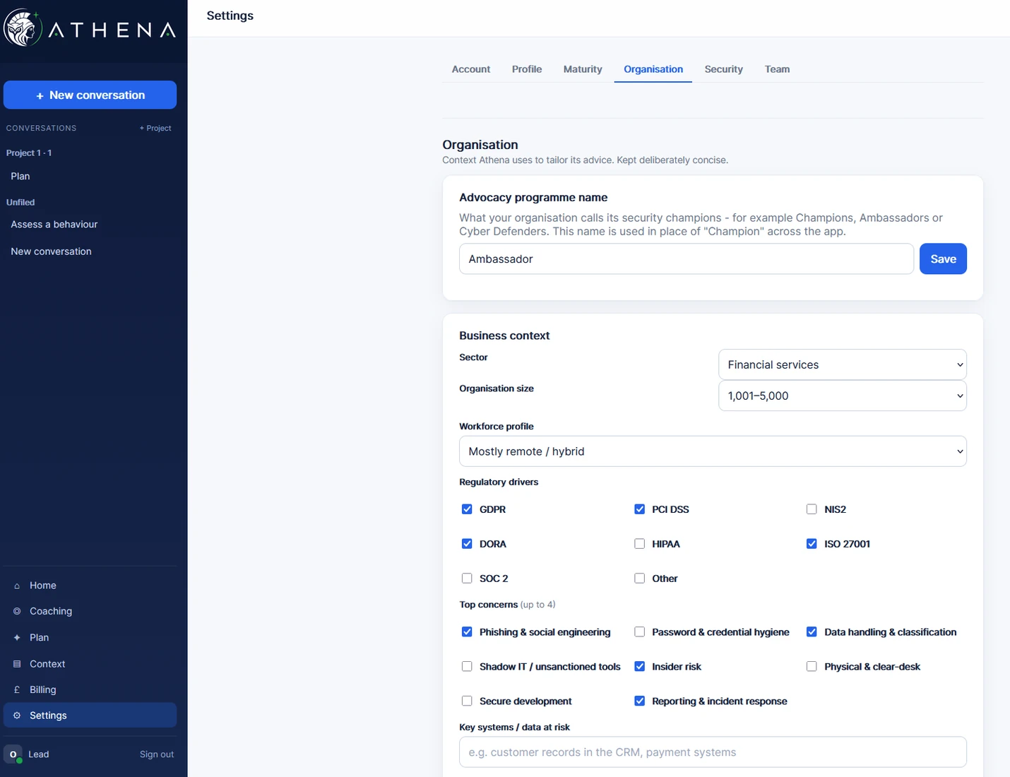 Athena organisation settings showing sector, size, workforce profile, regulatory drivers and top concerns