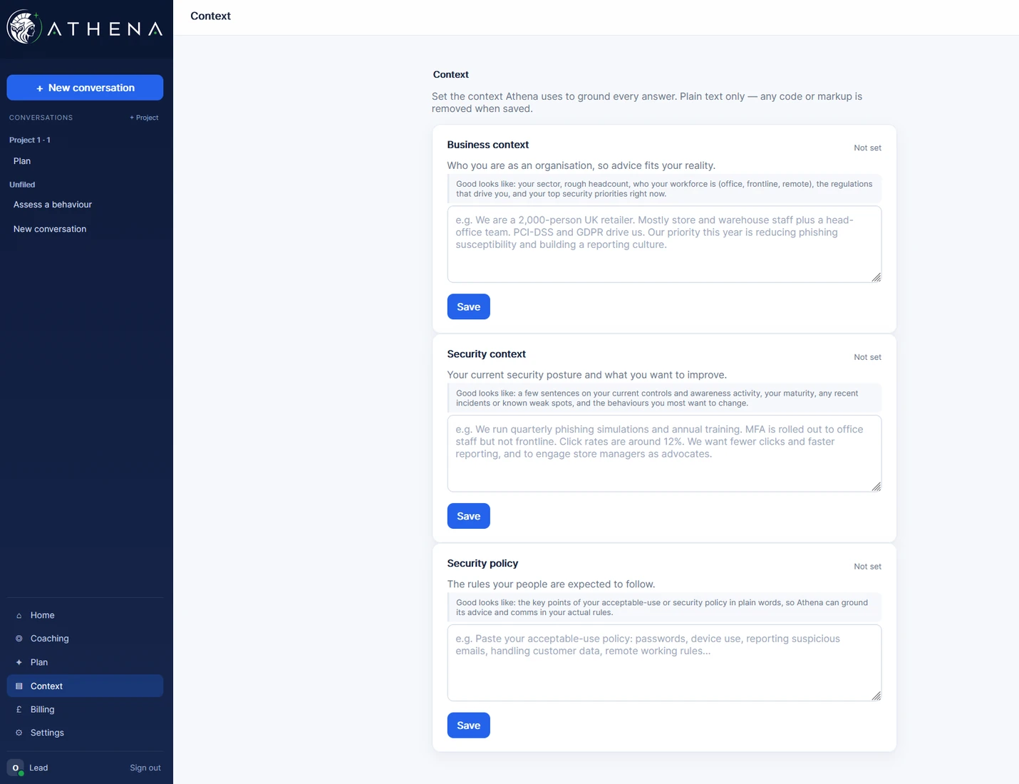 Athena context screen with business context, security context and security policy