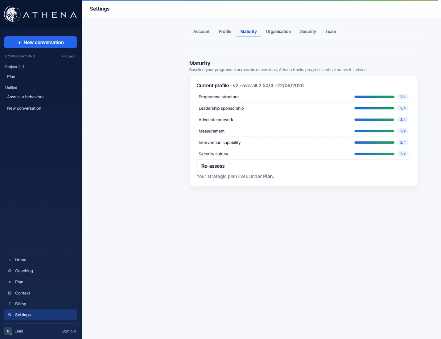 Athena maturity profile scoring six programme dimensions
