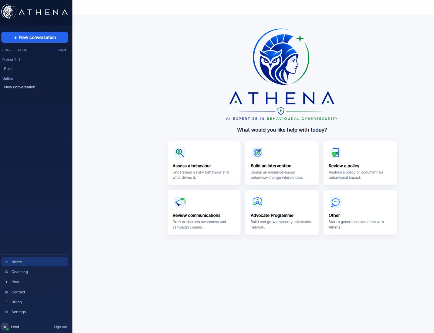 Athena home screen showing the six starting points for a conversation