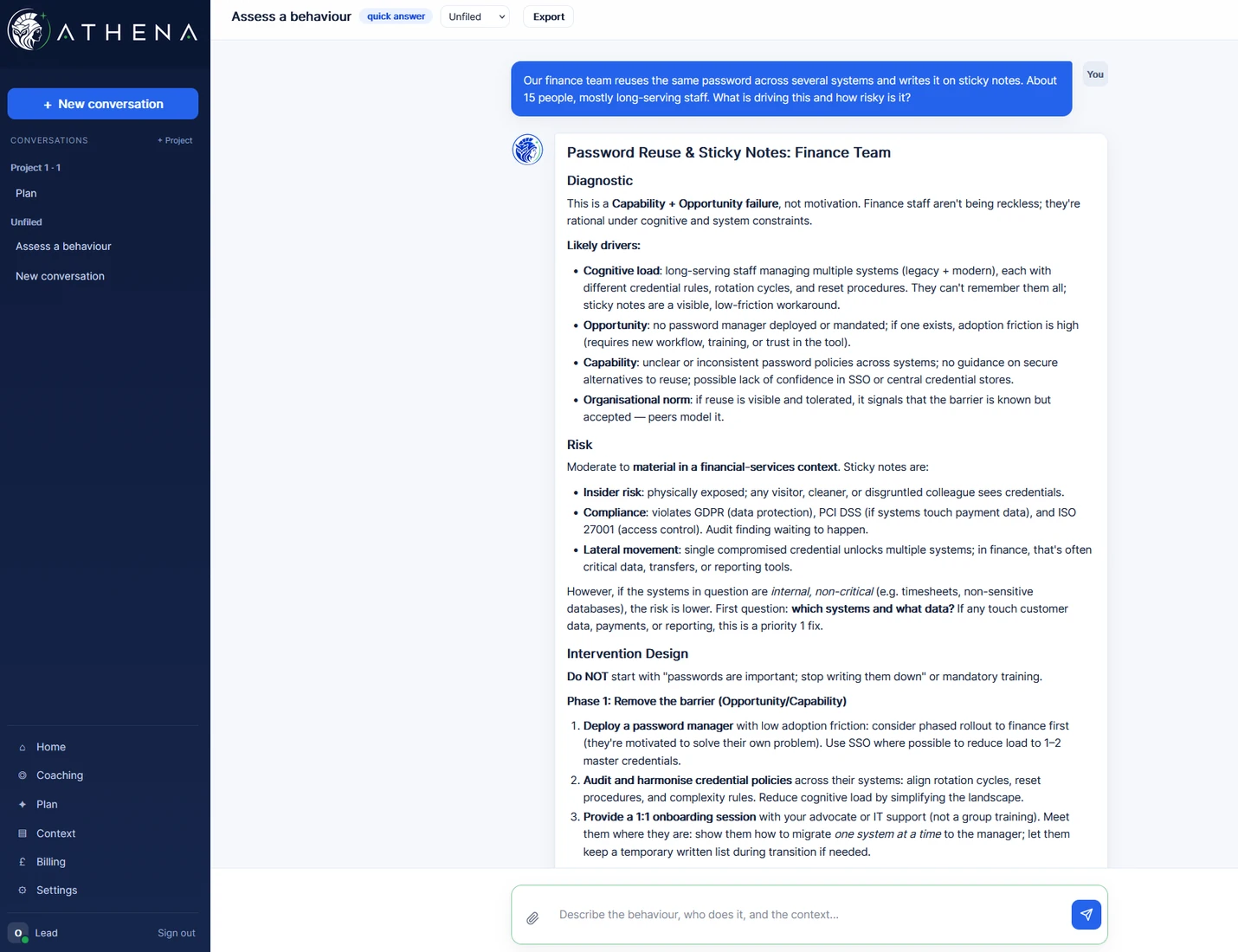 Athena assessing password reuse in a finance team and proposing an intervention