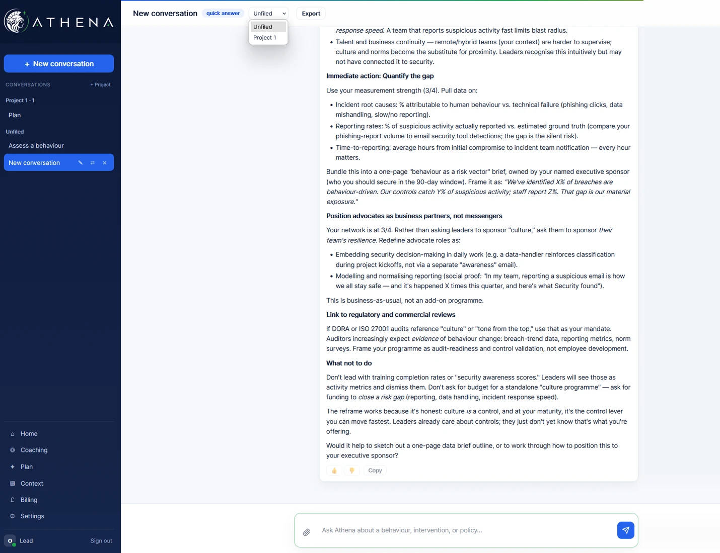 Athena conversation being filed into a project, with export available