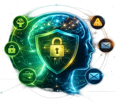 Illustration of a human figure with a highlighted brain, surrounded by security and behavioural science icons