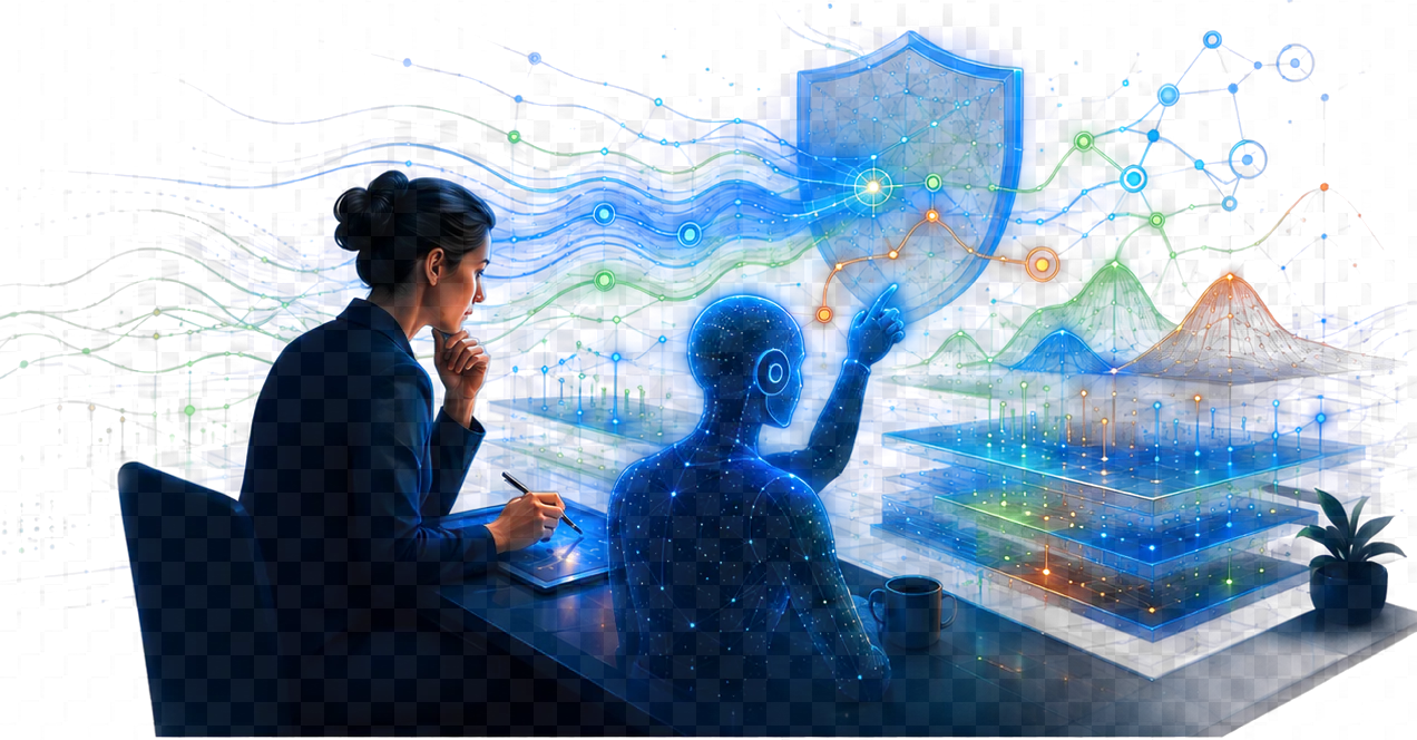 A researcher and an AI agent working together at a desk, reviewing behavioural data.